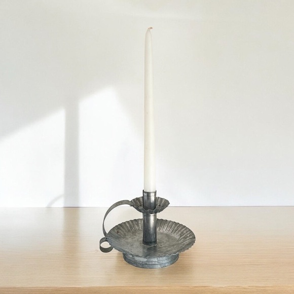 Vintage Primitive Galvanized Tin Chamberstick Candle Holder and Tapered Candle - Picture 1 of 4